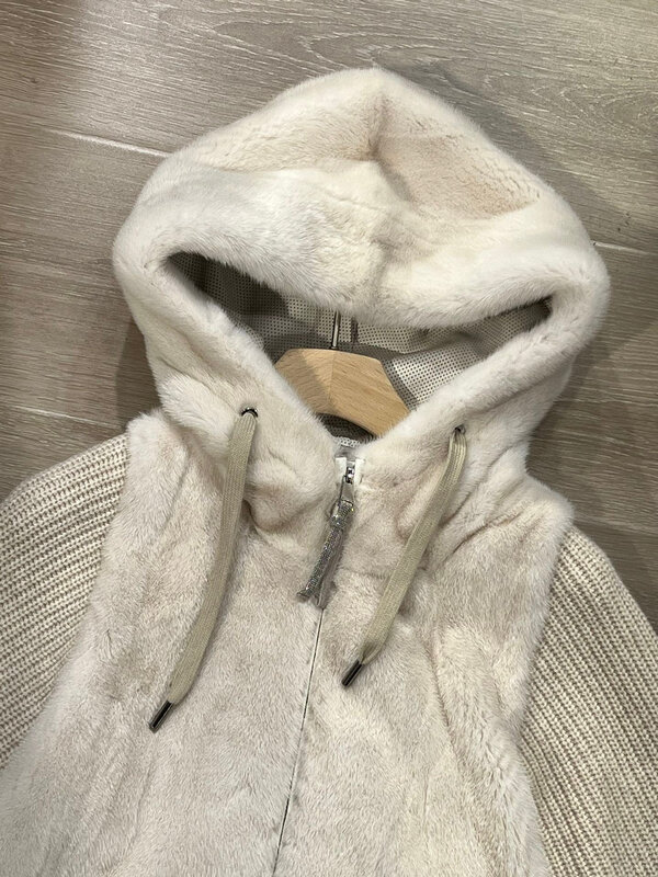 Real Mink Fur Casual Style Hooded Coat
