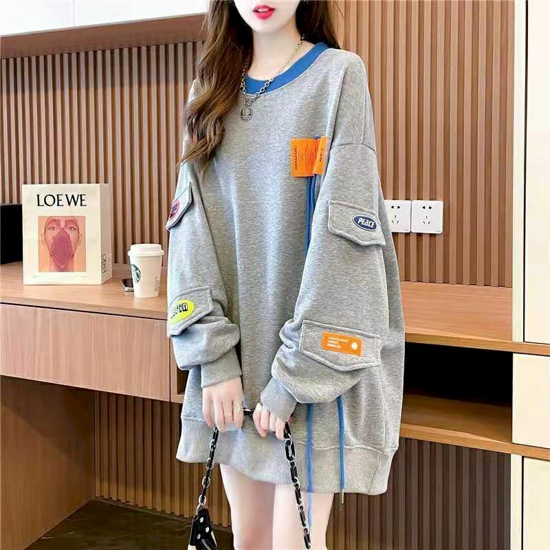 Musim Semi Pullover Tipis Wanita Korea Pertengahan Panjang Atasan Warna Kontras Desain Niche Pullover Lengan Panjang Longgar Semua Pertandingan Jaket