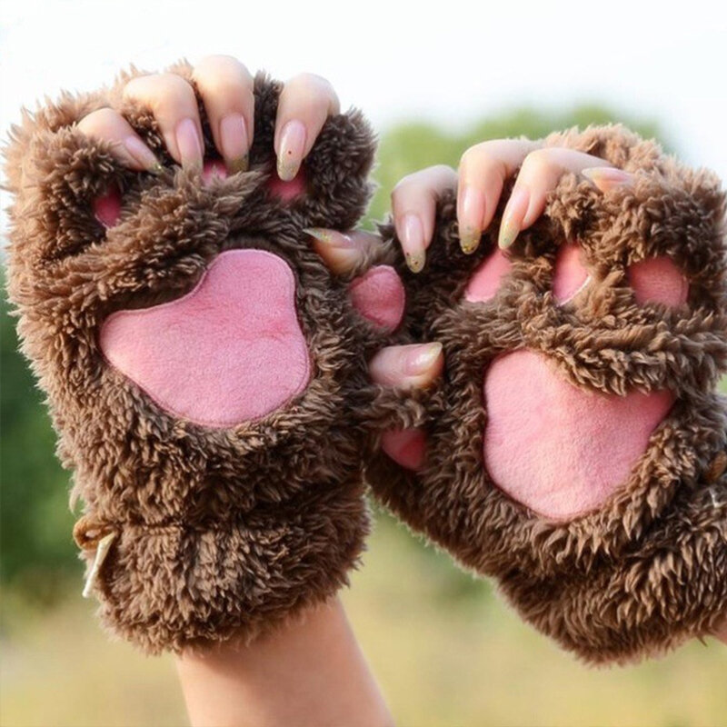 Cat Paw Gloves Winter Cute Cartoon Cat Girl Open Finger Gloves Thickened Fluffy Bear Paw Half Finger Gloves