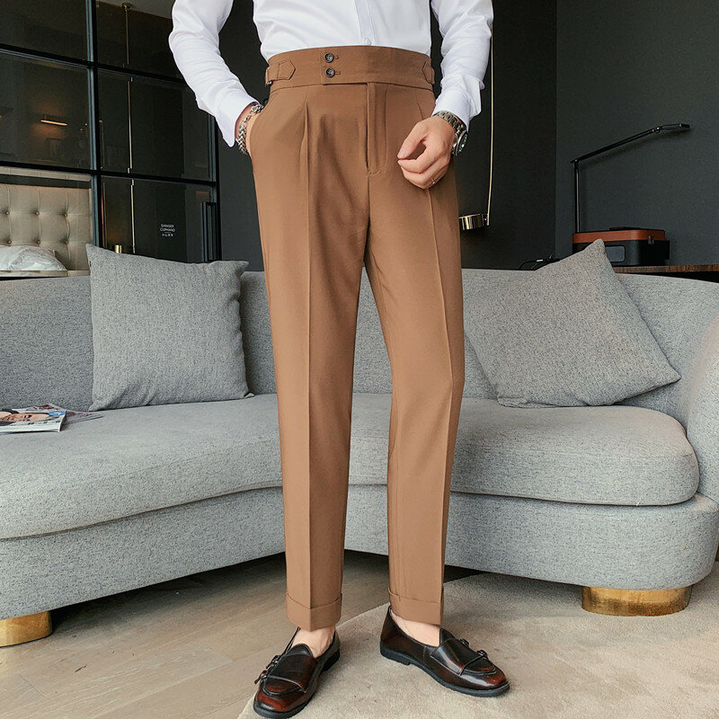 Pantalones de cintura alta de estilo británico para hombre, pantalón Formal de alta calidad, ajustado, informal, de negocios, novedad de otoño, 2022