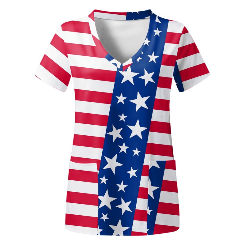 Unabhängigkeit Tag Frauen Scrubs Top V Hals Kurzarm USA Flagge Gedruckt T Hemd Mit Taschen Krankenschwester Uniform Bluse Arbeitskleidung