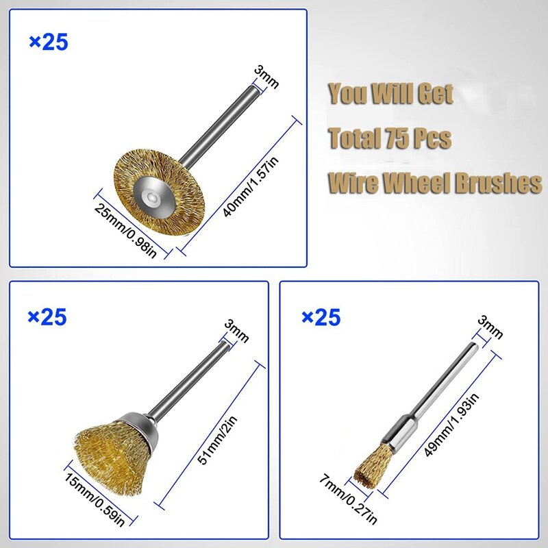 Brushes Set para ferramentas rotativas, rodas de aço, kit de caneta, acessórios para ferramentas rotativas, 1 in, 8 in, 3mm Shank, 75 PCs, Hot
