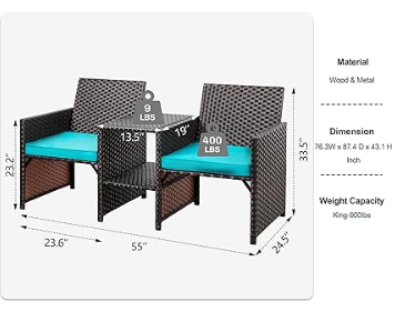 Causeuse en rotin pour l'extérieur, ensemble de meubles de WUNICEF 2 places avec table intégrée et coussins perfectifs pour le balcon