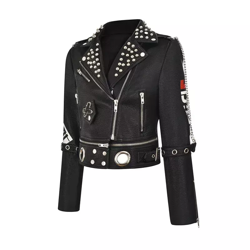 Черная облегающая укороченная мотоциклетная кожаная куртка для женщин, новинка 2024, уличная одежда, куртка в стиле рок-панк с принтом и шипами, кожаная куртка