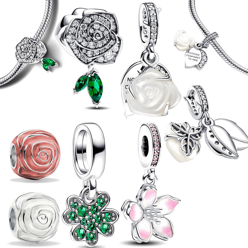 925 Sterling Silver Sparkling Rose in Bloom Charm Fit Pandora Charms argento 925 bracciali originali regalo di gioielli fai da te