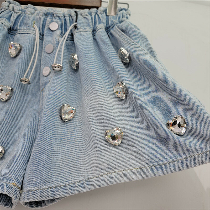 Schwere Diamant-Jeans shorts für Frauen elastische hohe Taille locker abnehmen Jeans-Shorts mit weitem Bein 2024 neue Sommer-Short-Femme
