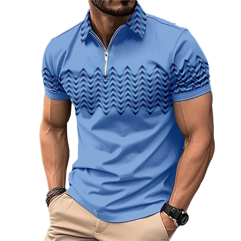 Мужские топы, блузка, повседневная мужская футболка с коротким рукавом, волнистый принт, молния на воротнике, высокое качество, широкое применение