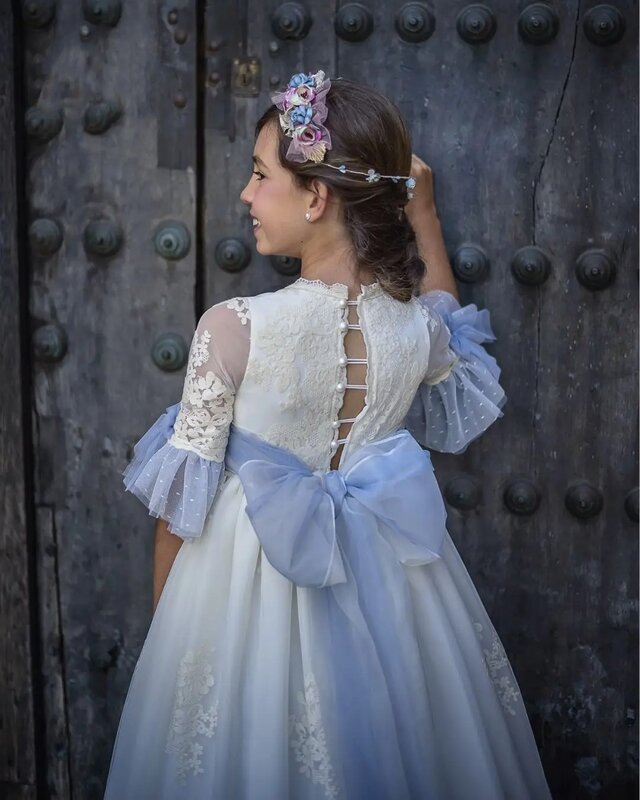 Vintage Empire księżniczka kwiat sukienki dla dziewczynek pół rękawy koronka długa impreza weselna sukienka urodzinowa kwadratowa pierwsza komunia suknia