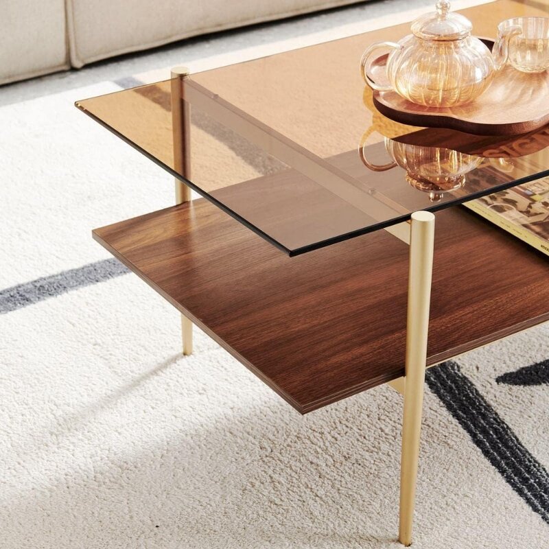 거실용 투명 이중층 유리 커피 테이블, 투명 유리 및 커피 다크 브라운 바닥 선반, 커피 테이블