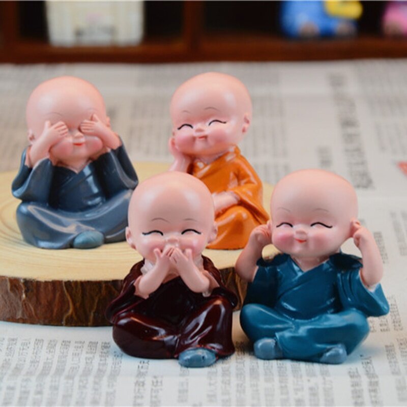 Esculturas de resina de 4 piezas, artesanías de resina para regalo, monjes pequeño encantador, estatuas de Buda, muñecas creativas de Buda, Decoración de mesa y coche
