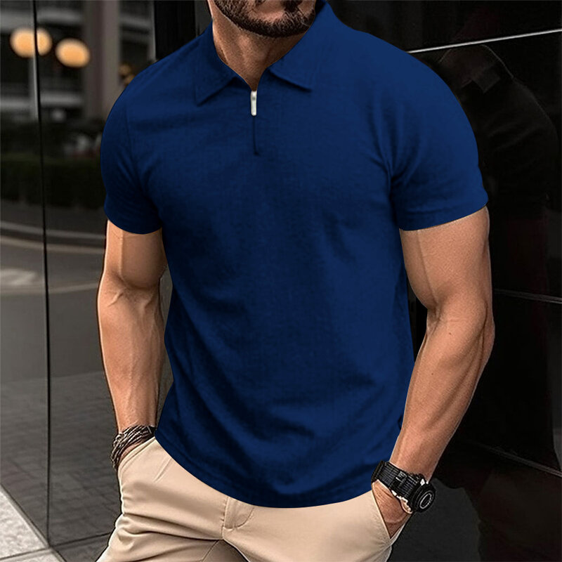 Fashion pakaian pria, kemeja Polo polos warna Solid, Kaus musim panas lengan pendek kerah Premium bernapas atasan kebugaran pria tarik