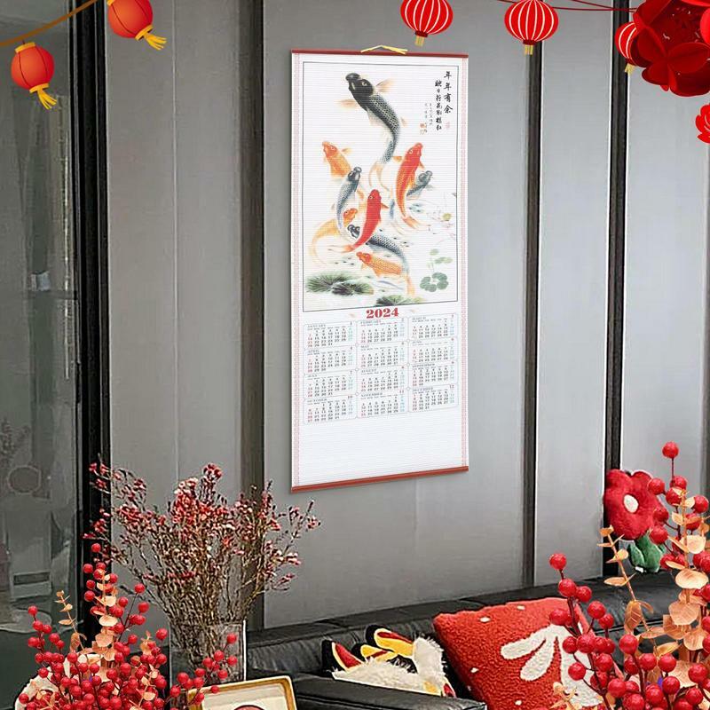 Drakenkalender Chinese Dierenriem Muur Scroll Kalender 2024 Chinese Dierenriem 2024 Maankalender Imitatie Rotan Papieren Schilderijen