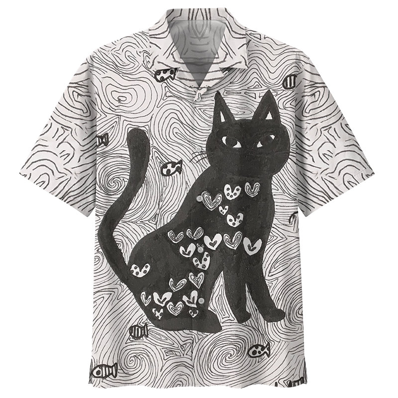 Cute Cat Pattern Hawaiian Shirt For Men 3D Printed Animal Short Sleeves Loose Lapel Shirts Summer Street Y2k Button Blouses