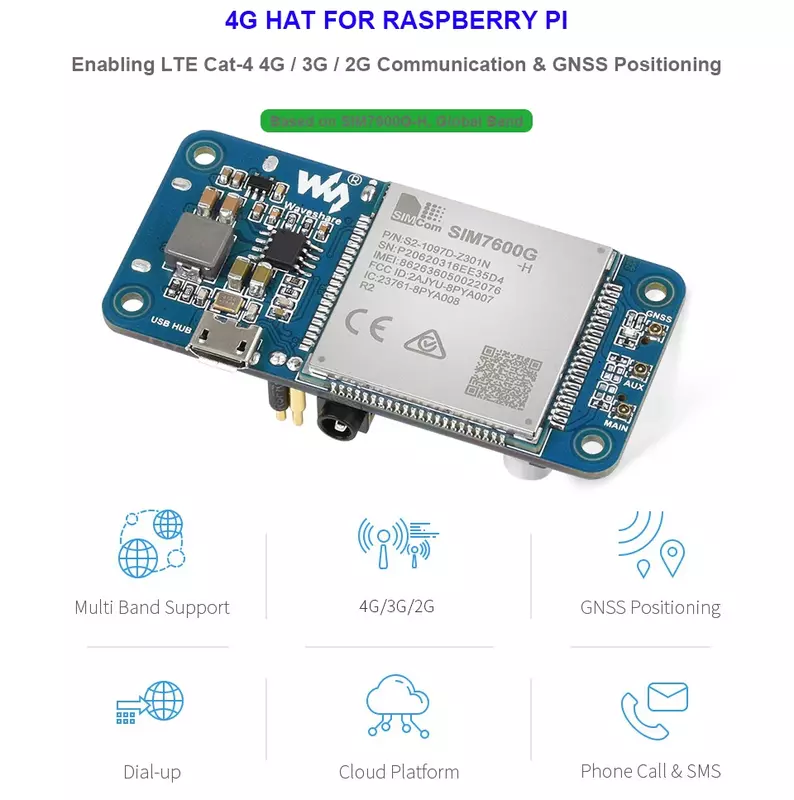Waveshare SIM7600G-H 4G HAT (B) for Raspberry Pi Global Band LTE Cat-4 4G / 3G / 2G Support with GNSS Positioning