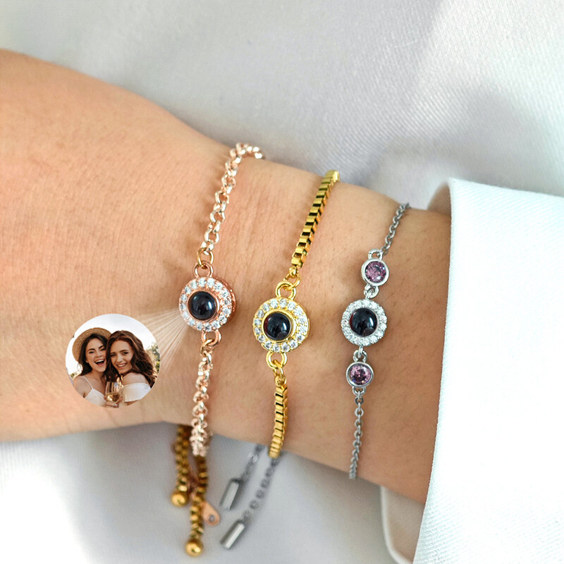 Ajustável embutidos zircão birthstone pulseira para as mulheres, foto personalizada projeção caixa, presente para a mãe