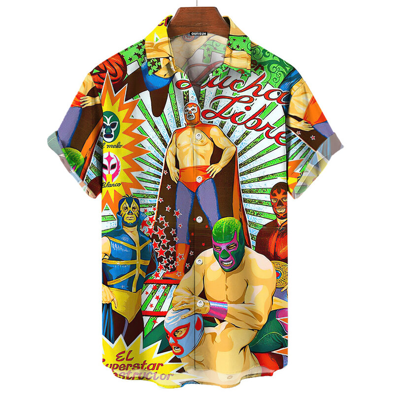 Camisa Vintage con estampado de lucha mexicana en 3d para hombre, ropa holgada de gran tamaño, manga corta informal a la moda, alta calidad