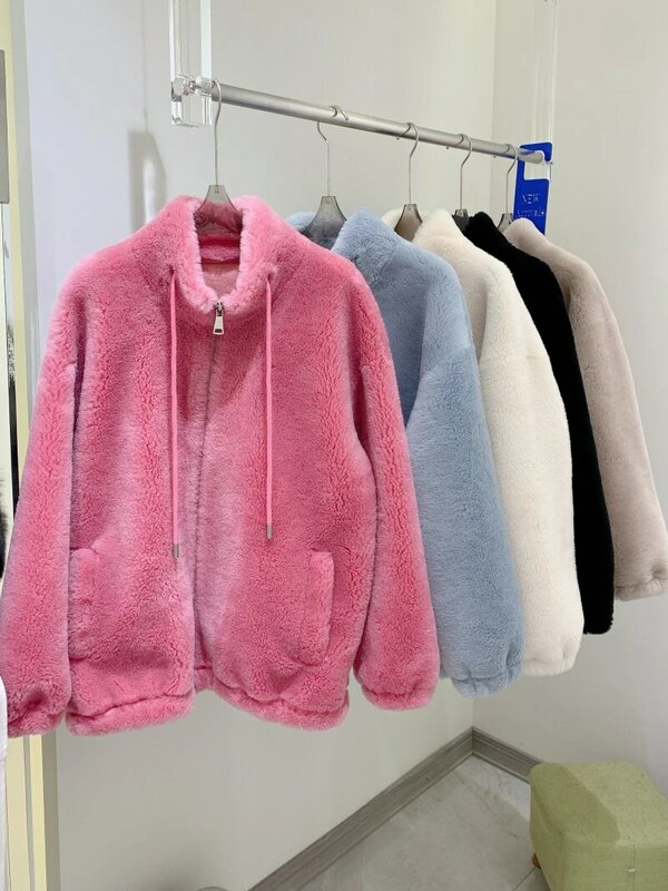 Chaqueta de piel de oveja Granular para mujer, abrigo grueso y cálido de lana con capucha para invierno y otoño, novedad