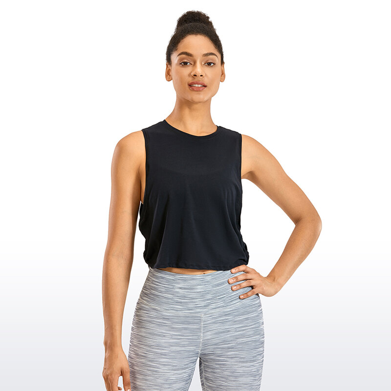 Bawełniana przycięte podkoszulki CRZ joga Pima dla kobiet-bez rękawów koszulki sportowe atletyczna joga bieganie siłownia krótkie bluzki