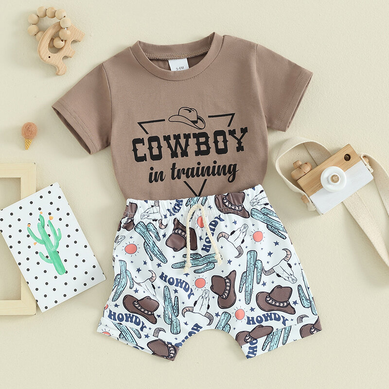 Visgogo 2pcs Baby Boy Western Kleidung Kurzarm Cowboyhut Print Tops elastische Taille Shorts Set Kleinkind Sommer Outfits