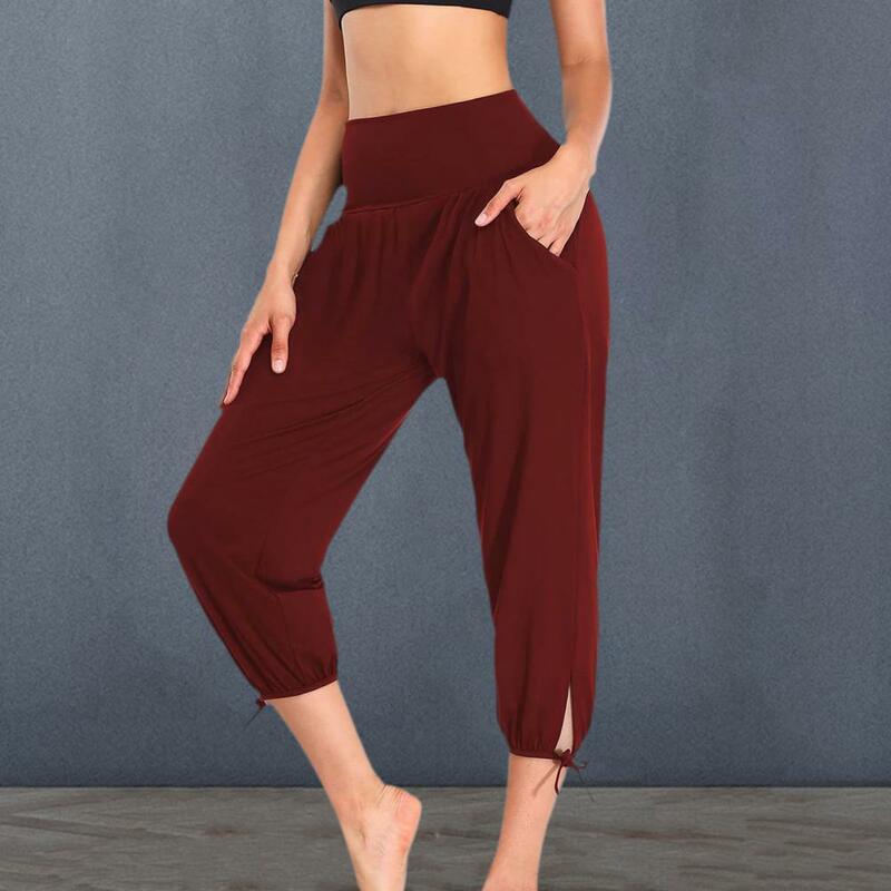 Celana panjang crop pinggang elastis wanita, celana Yoga pinggang tinggi kasual dengan saku warna polos untuk wanita