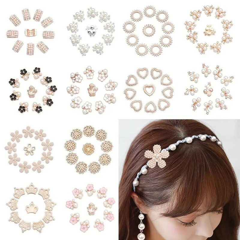10PCS Sparkling Crystal Flower-shaped Pearl Button Headwear Clip Pearl Hairpins Rhinestone Buttons