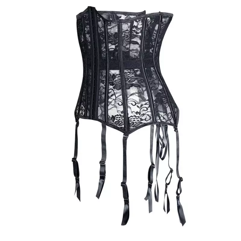Women Black Bustiers & Corsets Sexy With Garter Belt Lace Mesh Breathable Underbust Corset Waist Trainer Slim Bustiers