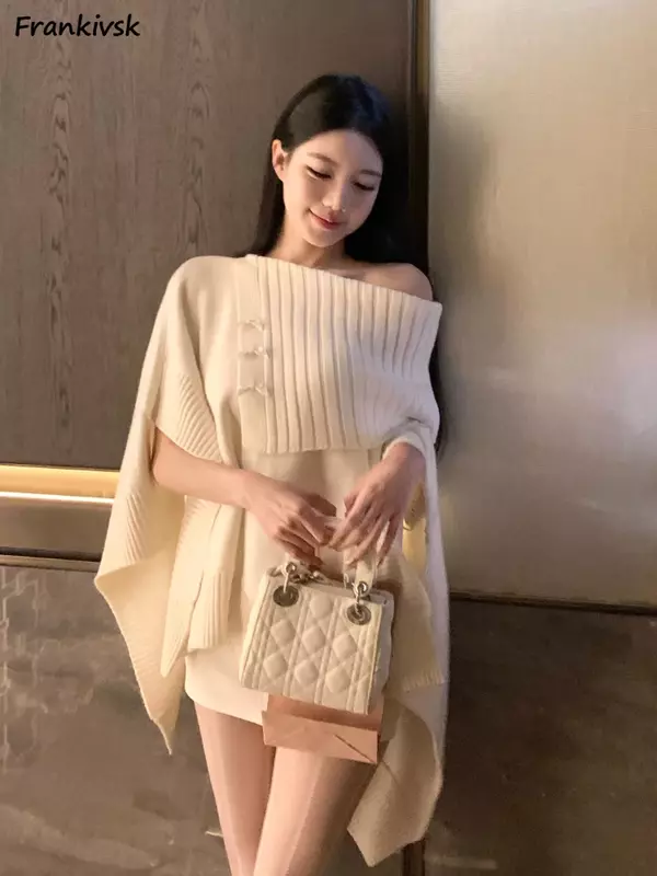 Sweater asimetris wanita, jubah murni wanita, kepribadian Chic populer longgar gaya Korea estetika Slouchy Retro temperamen tanpa tali