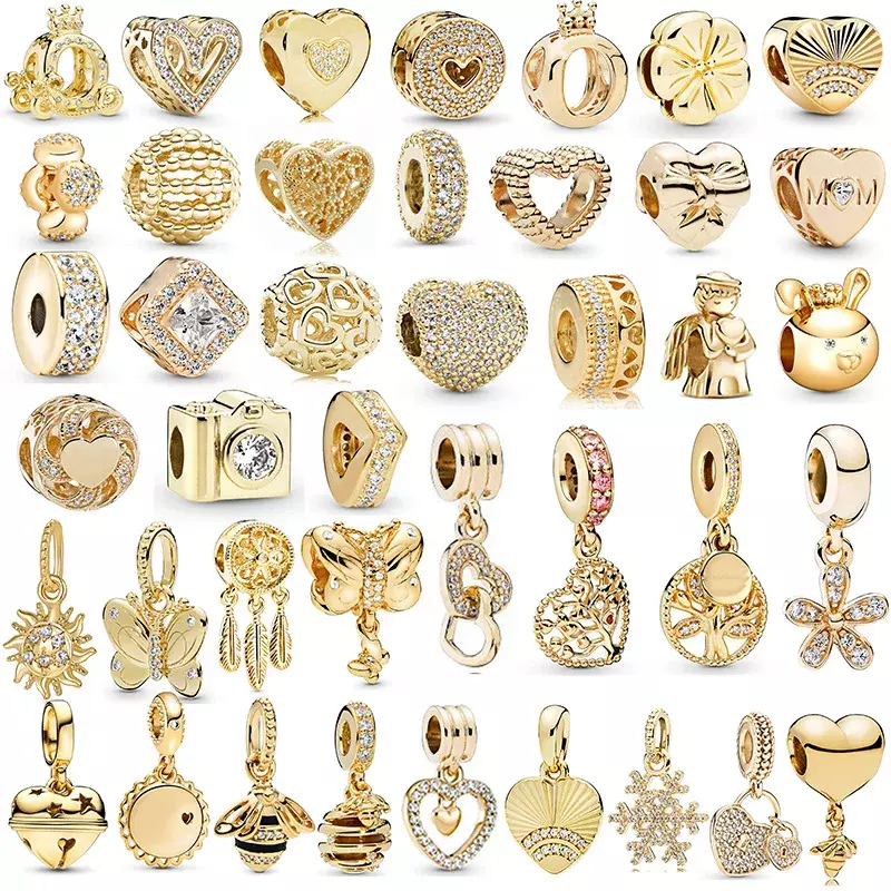 Serie Color oro Charms Beads 925 argento placcato diamante fiore cuore ciondolo Fit Pandora bracciale collana portachiavi gioielli fai da te