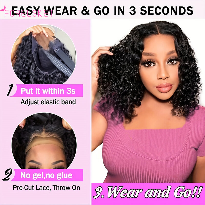 Glueless Bob Wig Water Wave Bob Wigs Human Hair Curly Wave 4*4 HD Lace Front Wig Human Hair Pre Plucked With Baby Hair FORELSKET