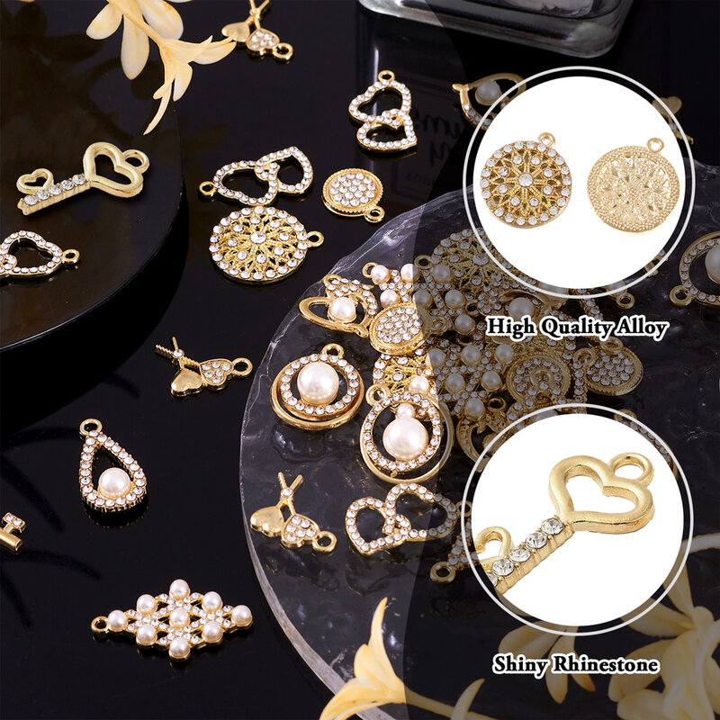 36 stücke Kristall Strass Anhänger Mix geformte Imitation Perle Perle Licht Gold Farbe Legierung baumeln Charms für Halskette Schmuck herstellung