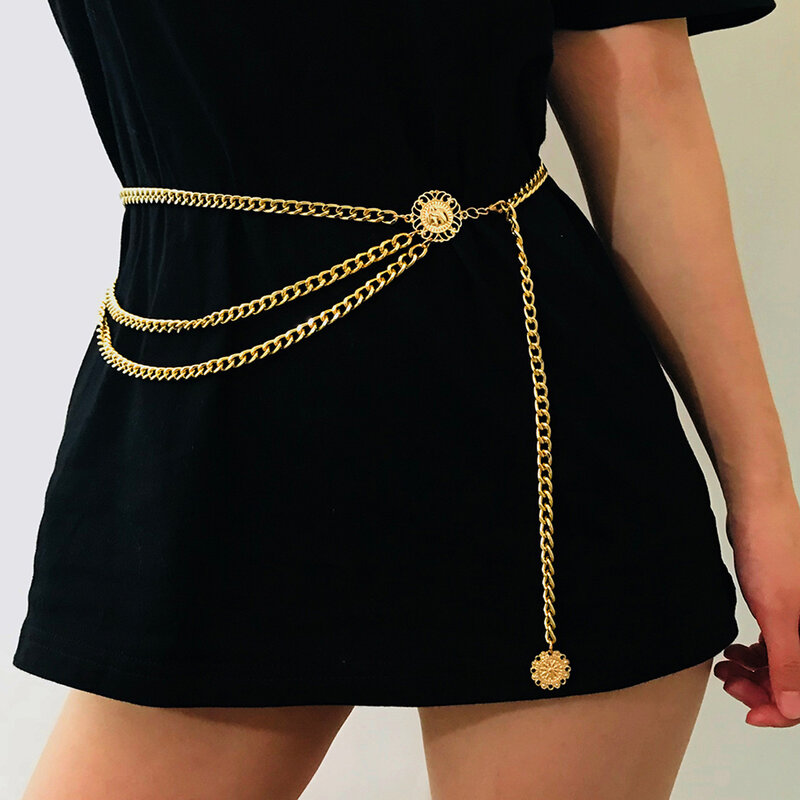Cinturón de moda de cintura alta para mujer, cadena de Metal estrecha dorada y plateada, flecos gruesos, cadena de cintura de diamante de cristal, cinturón de cadena de corsé