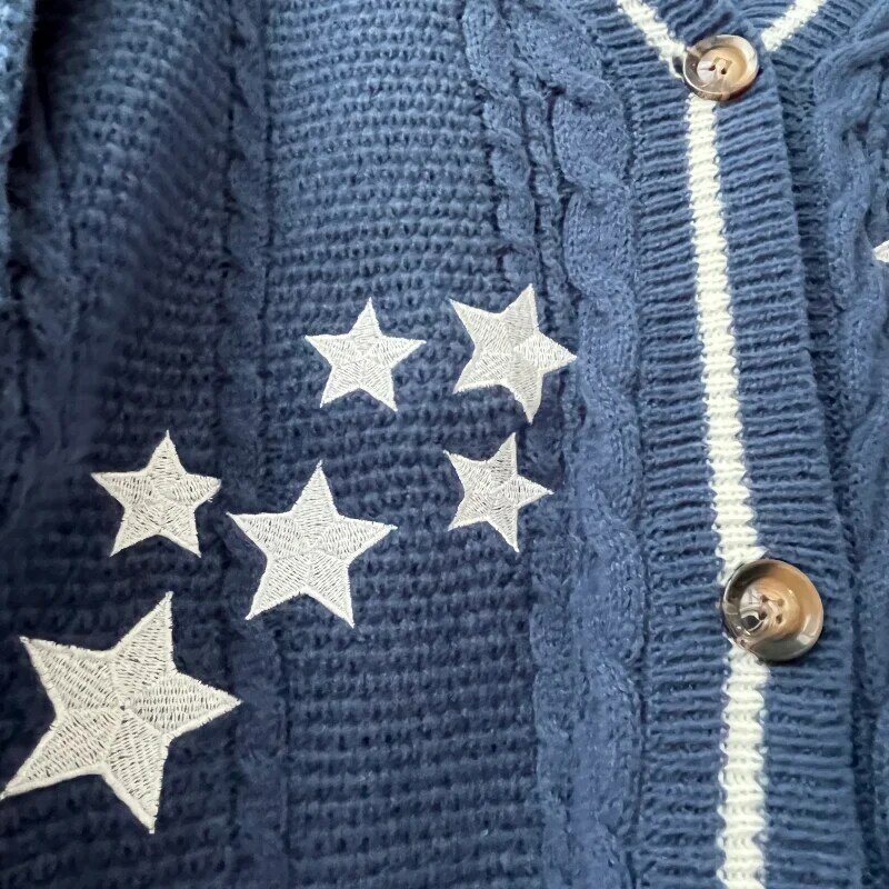 Tendenza donna in edizione limitata Cardigan lavorato a maglia ricamato floreale di alta qualità con vestibilità ampia Y2k Cardigan corto blu mezzanotte
