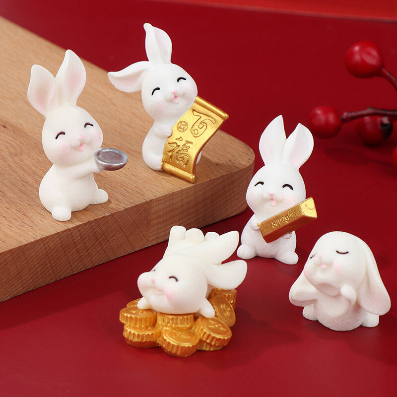 5Pcs Mini New Year Rabbit Zodiac Resin Bunny Kawaii Miniature Rabbit Desktop Ornament Dollhouse Decoration 2023 Micro Landscape