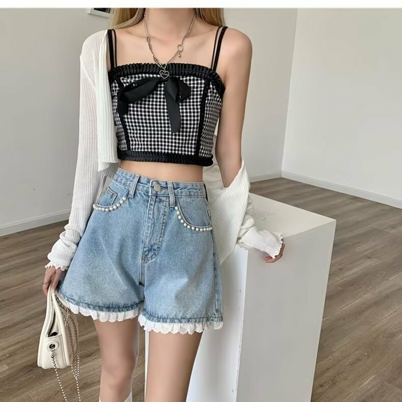 2024 Spring/Summer Spicy Girl Denim Shorts New Lace Versatile High Waist Slimming Summer A-line Small Stature Light Color