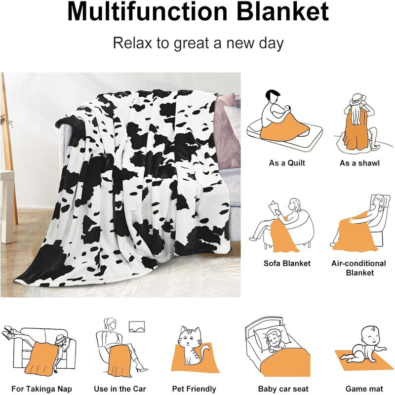 Manta de franela con estampado de vaca, adecuada para camas dobles, sofás y sofás