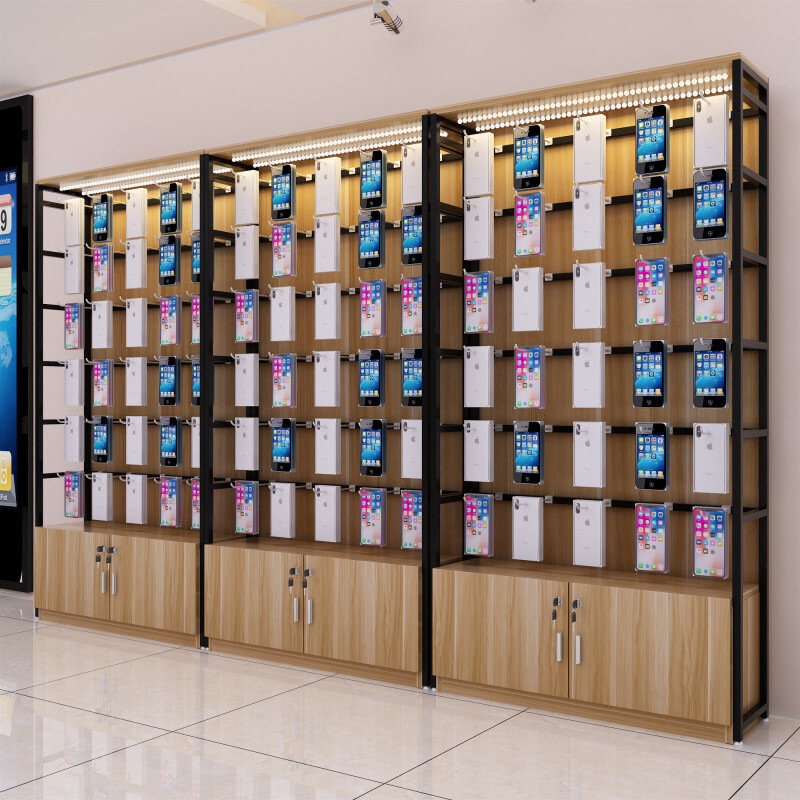 Estantes de exhibición de tienda de teléfono móvil personalizados, gabinete de soporte de madera de Metal con ganchos