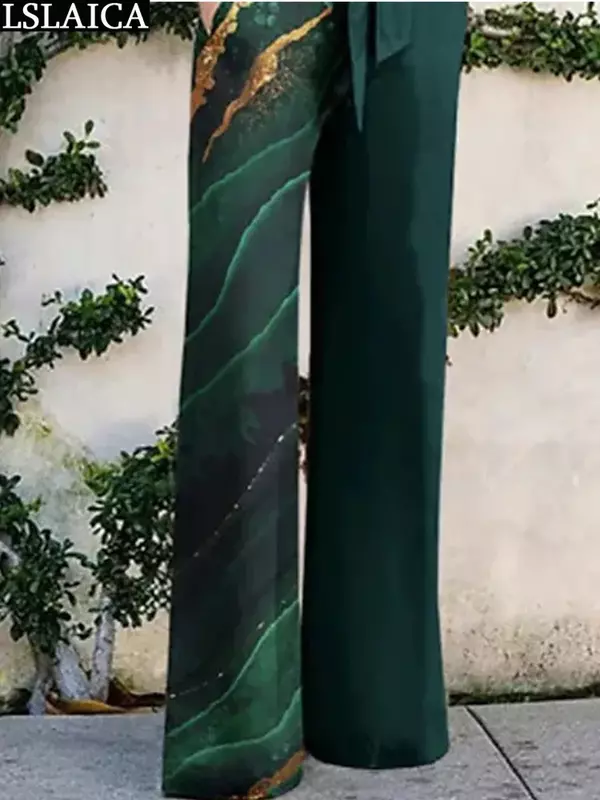 Macacão feminino de lapela de manga comprida, macacão casual solto, trajes de salto, estampado, moda outono e inverno, novo, 2024