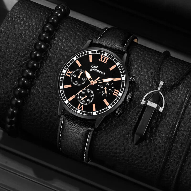 3 szt. Zestaw moda męska zegarki biznesowe męska na co dzień bransoletka z paciorkami naszyjnik czarny skórzany kwarcowy zegarek na rękę