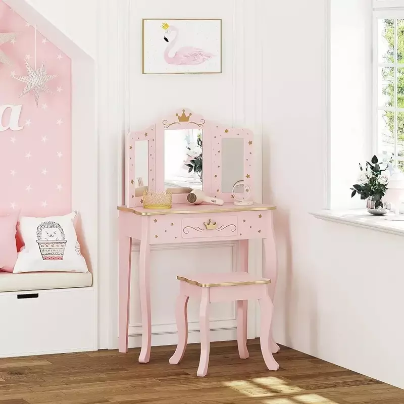 Kids Vanity Set with Mirror and Stool, Vanity Desk with Mirrror for Little Girls, Children Makeup Dressing Table with Drawer