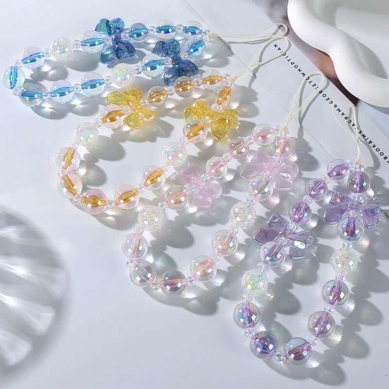 Creative Anti-Drop Mobile Phone Chain Crystal Bow Beaded Cellphone Hanging Cord For Women Girls Phone Case Chain Wristband