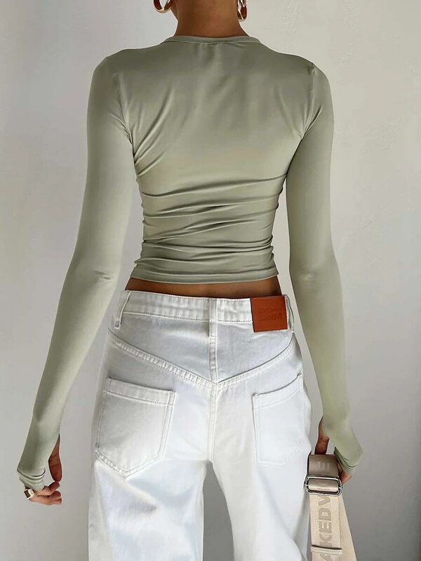 T-shirt donna moda manica lunga girocollo Solid Slim Fit donna Crop Top con fori per il pollice per Streetwear quotidiano Summer Camis