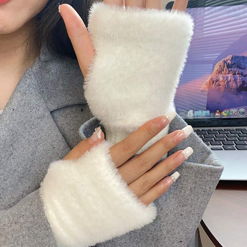 Женские теплые шерстяные перчатки на полпальца, Зимние Женские однотонные варежки с защитой запястья, перчатки с сенсорным экраном для девушек, для офиса и студентов