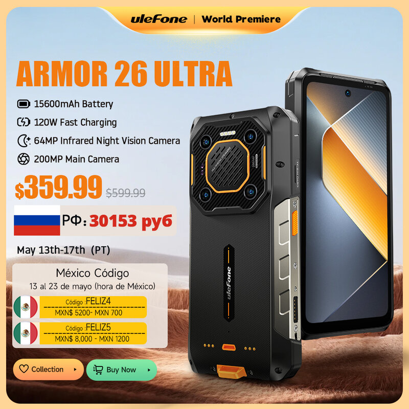 【Anteprima mondiale】Ulefone Armor 26 Ultra 5G Smartphone robusto impermeabile 120W 15600mAh 200MP+64MP +50MP Smartphone fino a 24GB+512GB NFC 6,78”120Hz Telefono Android 13