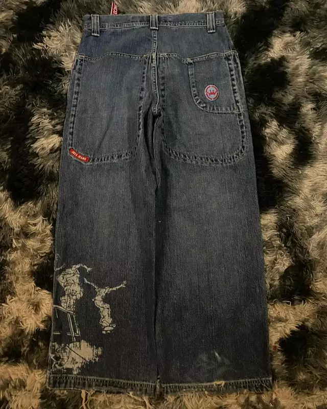 JNCO Y2K workowate dżinsy mężczyźni kobiety Retro streetwear deskorolka z nadrukiem wysoki stan Jeans Hip Hop Harajuku casualowe spodnie z luźna szeroka nogawkami