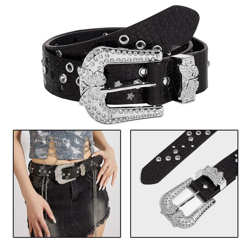 Cinto de cintura feminino com strass, cinto largo de 1,5 ", cinto punk, fivela de metal, cinto para vestidos, roupas, calças, jeans, clube