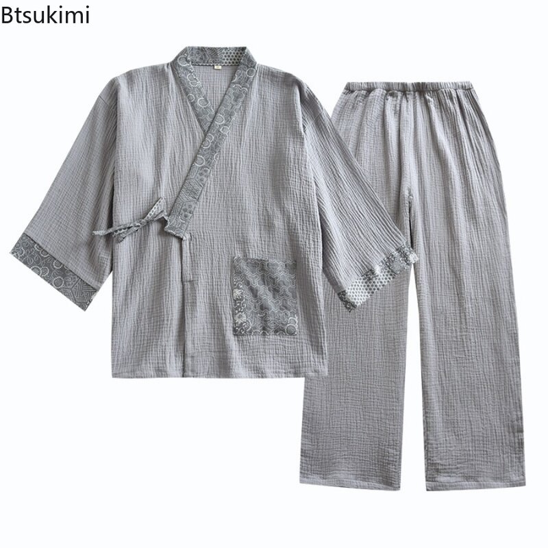 2024 Herren Kimono Home Anzüge Komfort Schnür oberteile und Hosen Pyjamas setzt Baumwolle Crêpe Design ethnischen Stil Nachtwäsche für Männer