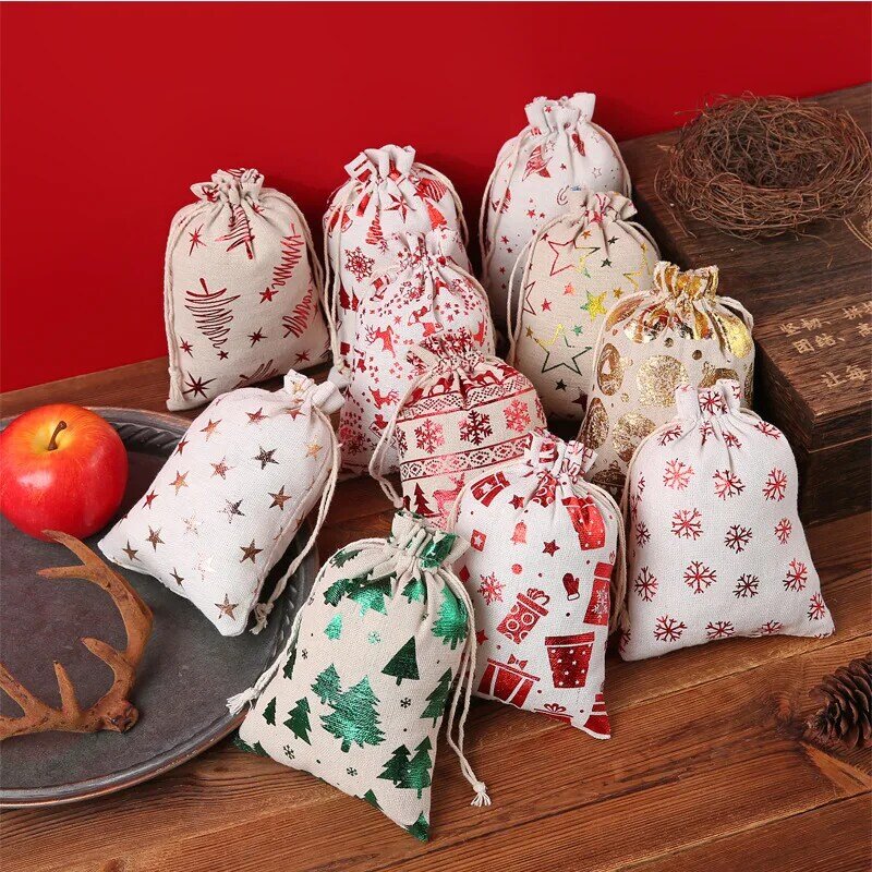 Linho Sacos De Algodão De Natal, Drawstring Gift Bag, Embalagem De Jóias, Sacos De Doces, Bolsas De Festa, 10x14cm, 1Pc