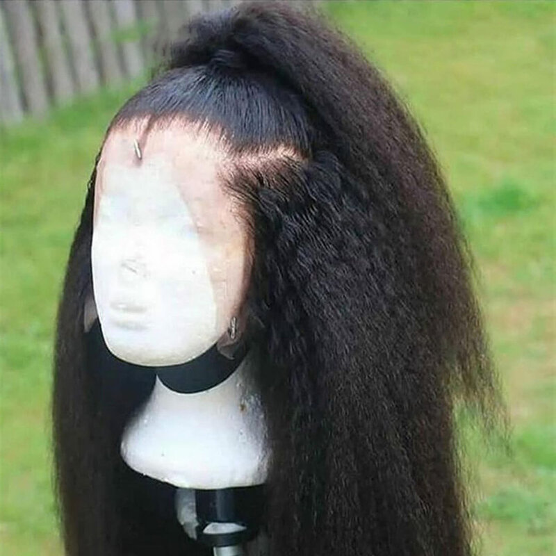 Yaki-peluca frontal de encaje para mujer, pelo de bebé suave y rizado, 26 pulgadas de largo, color negro, 180de densidad, resistente al calor, predesplumada, sin pegamento, uso diario