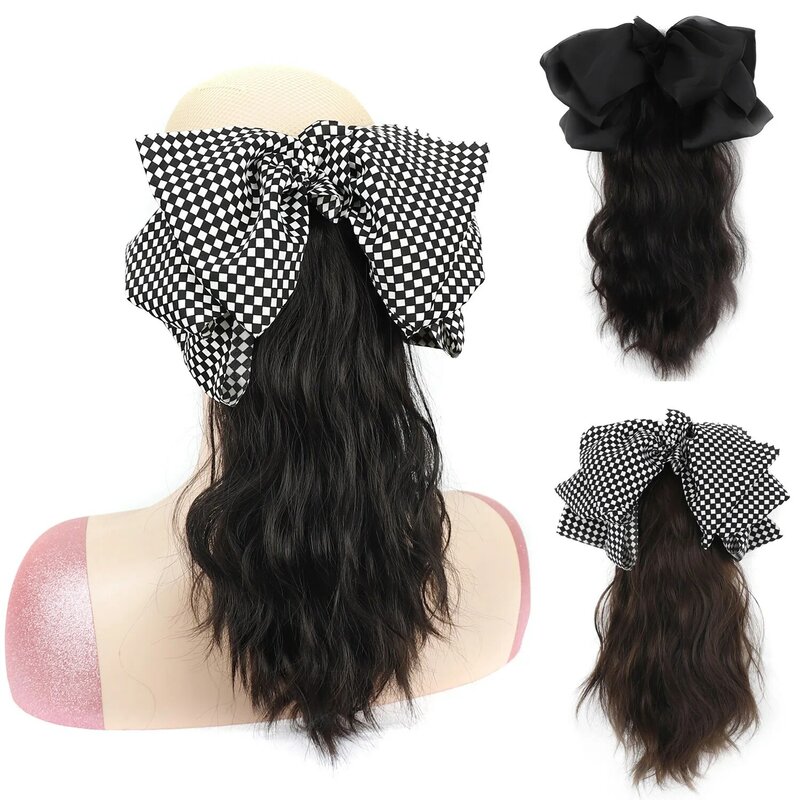Fashionable New Women's Synthetic Grab Clip Ponytail Wig with Bow Hairpin Wavy Curly Ponytail Hair Extension