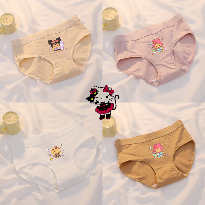 Celana dalam wanita Anime Hello Kitty lucu, pakaian dalam katun murni warna Cloud Solid, pakaian dalam wanita pinggang sedang nyaman segitiga
